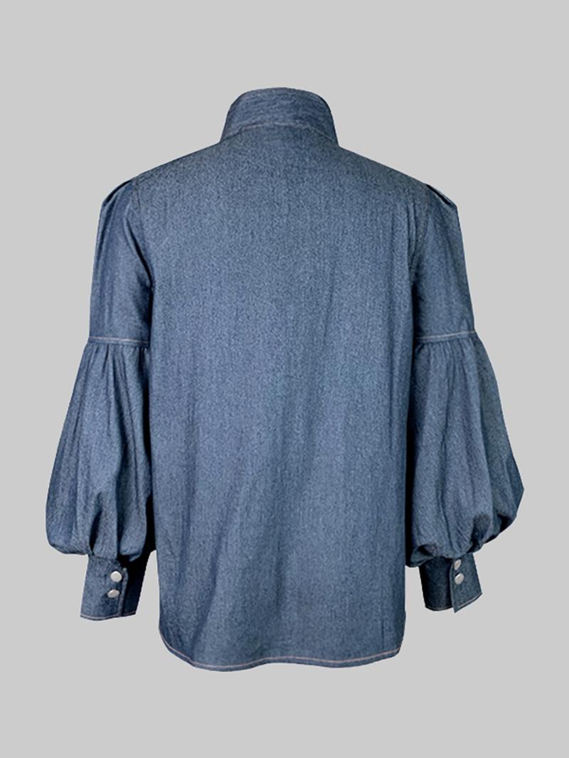 Women's Denim-effect Print Tie Neck Shirt, Chic Casual Long Sleeve Top for Daily Wear, Ladies Clothes for All Seasons Women's Denim-effect Print Tie Neck Shirt, Chic Casual Long Sleeve Top for Daily Wear, Ladies Clothes for All Seasons