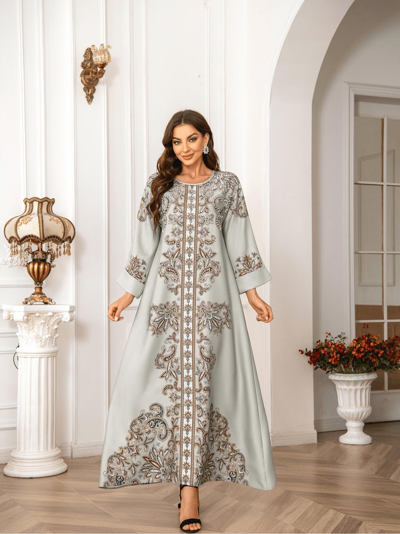 Elegant Boho Muslim Women's Long Robe, All over Print, Loose-Fitting, Round Neck, Flap Sleeves, Long Sleeve, All Seasons Elegant Boho Muslim Women's Long Robe, All over Print, Loose-Fitting, Round Neck, Flap Sleeves, Long Sleeve, All Seasons