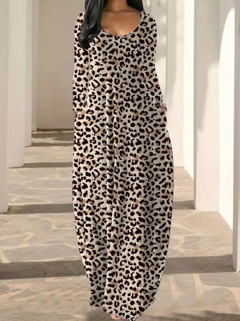 Women's Long Nightgown, Coffee Leopard Print, Casual Round Neck Long Sleeve Pocket Sleepwear, Soft Comfortable All-Season Loungewear Women's Long Nightgown, Coffee Leopard Print, Casual Round Neck Long Sleeve Pocket Sleepwear, Soft Comfortable All-Season Loungewear