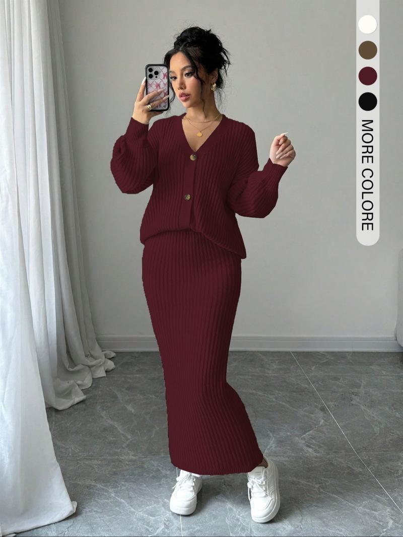Women's Solid Button Front Sweater & Long Skirt Two-piece Set, Casual Drop Shoulder Long Sleeve Knit Top & High Waist Skirt for Daily Outdoor Wear, Women's Knitwear for Fall & Winter Women's Solid Button Front Sweater & Long Skirt Two-piece Set, Casual Drop Shoulder Long Sleeve Knit Top & High Waist Skirt for Daily Outdoor Wear, Women's Knitwear for Fall & Winter