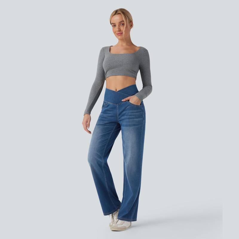 2026🔥 Halara FlexTM High Waisted Multiple Pockets Baggy Wide Leg Washed Stretchy Knit Casual Jeans