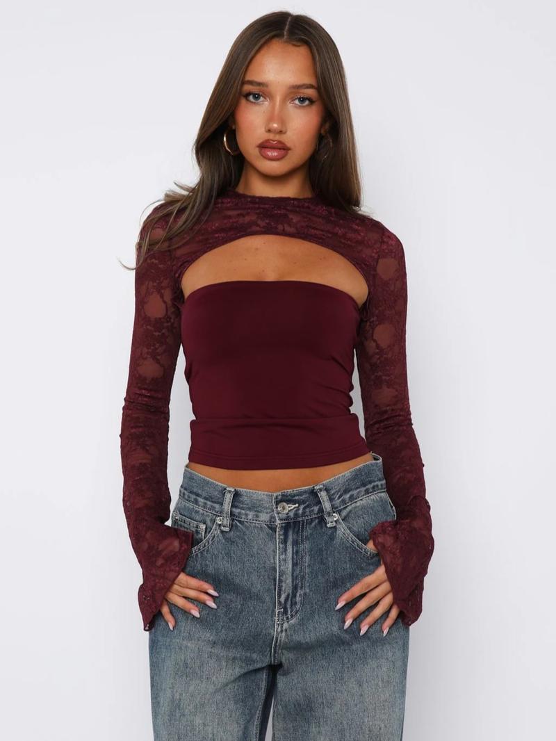 Elegant Lace Hollow Out Flare Sleeve Top, Vintage Style, Slim Fit, Show off Elegance, Perfect for Any Occasion Elegant Lace Hollow Out Flare Sleeve Top, Vintage Style, Slim Fit, Show off Elegance, Perfect for Any Occasion