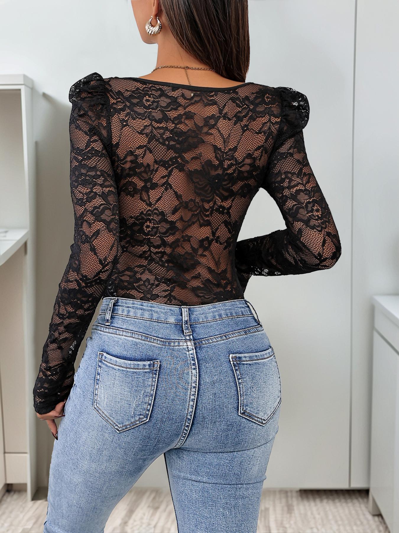 Women's Sexy Lace Trim Long Sleeve Square Neck Slim-Fitting Plain Multi-Color Knit Romper - Slim-Fitting Jumpsuit for Spring & Fall, Womenswear Bodysuit Top Women's Sexy Lace Trim Long Sleeve Square Neck Slim-Fitting Plain Multi-Color Knit Romper - Slim-Fitting Jumpsuit for Spring & Fall, Womenswear Bodysuit Top