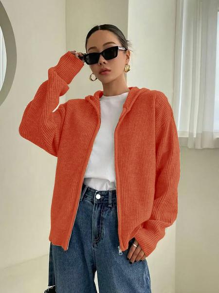 Women's Solid Color Zip Up Hooded Sweater Cardigan, Casual Long Sleeve Knitwear for Fall & Winter, Fashion Ladies' Knit Clothing for Daily Wear