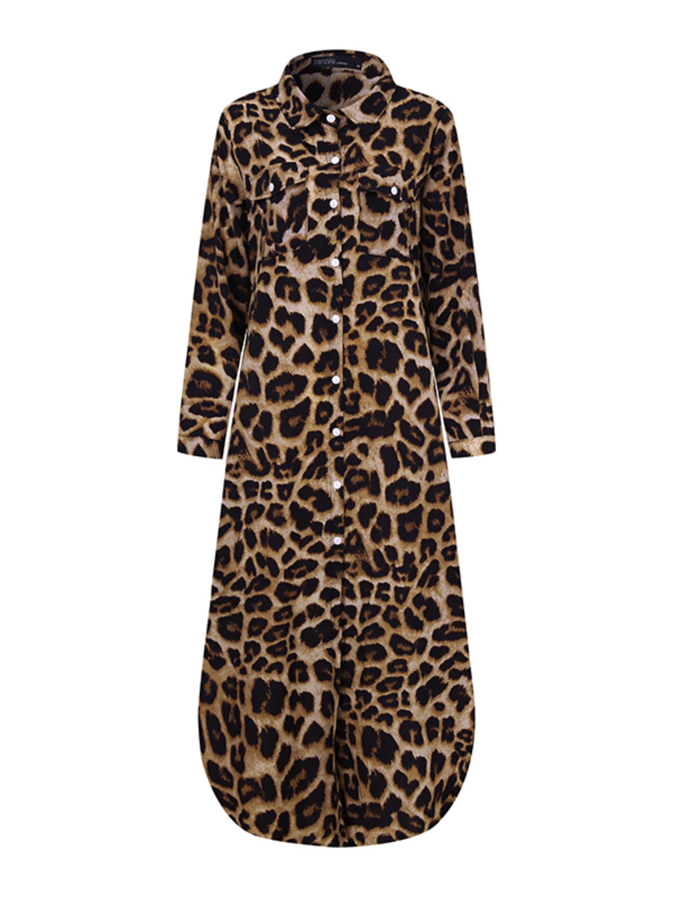 Women's Leopard Print Button Front Flap Pocket Shirt Fabric Dress, Casual Curved Hem Long Sleeve Collared Long Dress for Daily Wear, Ladies' Clothes for All Seasons, Womenswear Women's Leopard Print Button Front Flap Pocket Shirt Fabric Dress, Casual Curved Hem Long Sleeve Collared Long Dress for Daily Wear, Ladies' Clothes for All Seasons, Womenswear