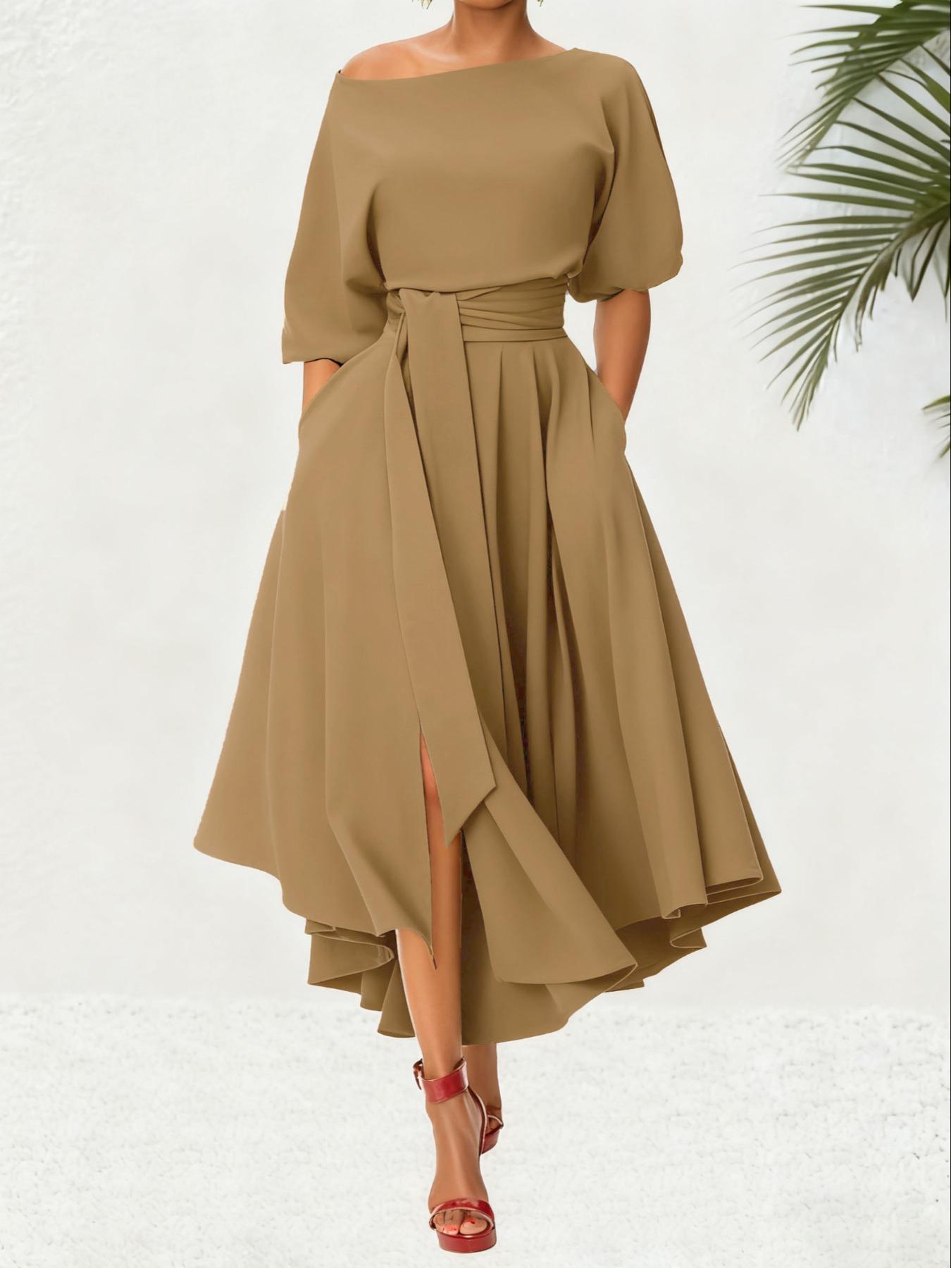 Women's Plain Belted Split Boat Neck Dress, Elegant Bishop Sleeve A Line Dress for Summer, Summer Outfits 2024, Fashion Women's Dress for Casual Daily Wear, Womenswear Women's Plain Belted Split Boat Neck Dress, Elegant Bishop Sleeve A Line Dress for Summer, Summer Outfits 2024, Fashion Women's Dress for Casual Daily Wear, Womenswear