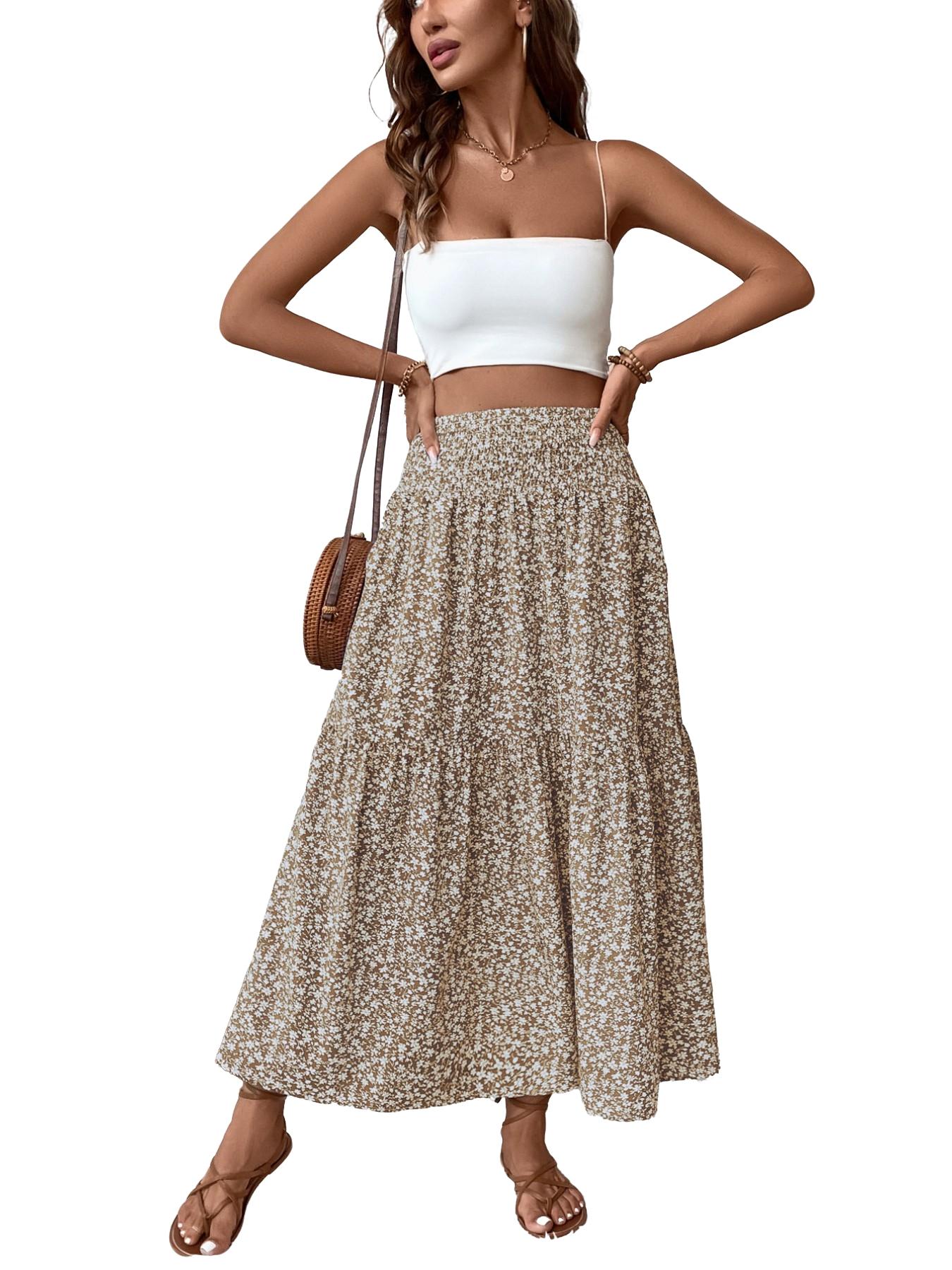 Women's Ditsy Floral Vintage Casual Vacation Layered A-Line Skirt, Elegant Long Skirt for Spring & Fall, All over Print Fitted Style Women's Ditsy Floral Vintage Casual Vacation Layered A-Line Skirt, Elegant Long Skirt for Spring & Fall, All over Print Fitted Style