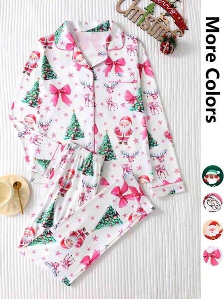 Two-piece Set Women's Christmas Print Button Front Pocket Shirt & Elastic Waist Pants Pyjama, Casual Comfy Long Sleeve Collared Top & Trousers Pyjama Set, Women's Sleepwear for Spring & Fall Two-piece Set Women's Christmas Print Button Front Pocket Shirt & Elastic Waist Pants Pyjama, Casual Comfy Long Sleeve Collared Top & Trousers Pyjama Set, Women's Sleepwear for Spring & Fall
