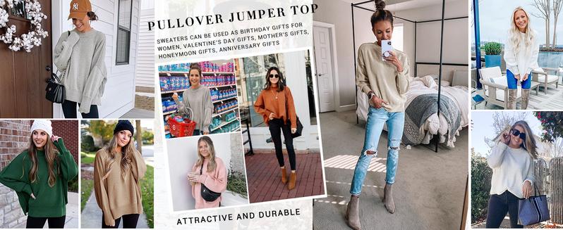 Ebifin Womens Oversized Tunic Sweaters Fall Slouchy Long Sleeve Ribbed Knit Side Slit Pullover Jumper