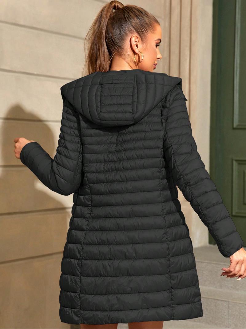 Women's Plus Size Puffer Jacket, Elegant Hooded Coat with Pocket, Warm Mid-Length Outerwear for Fall & Winter, Casual Fitted Style