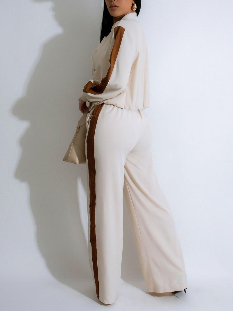 Two-piece Set Women's Patchwork Top & Wide Leg Pants Set, Casual Long Sleeve Outerwear & Pants for Daily Wear, Ladies Summer Clothes Two-piece Set Women's Patchwork Top & Wide Leg Pants Set, Casual Long Sleeve Outerwear & Pants for Daily Wear, Ladies Summer Clothes