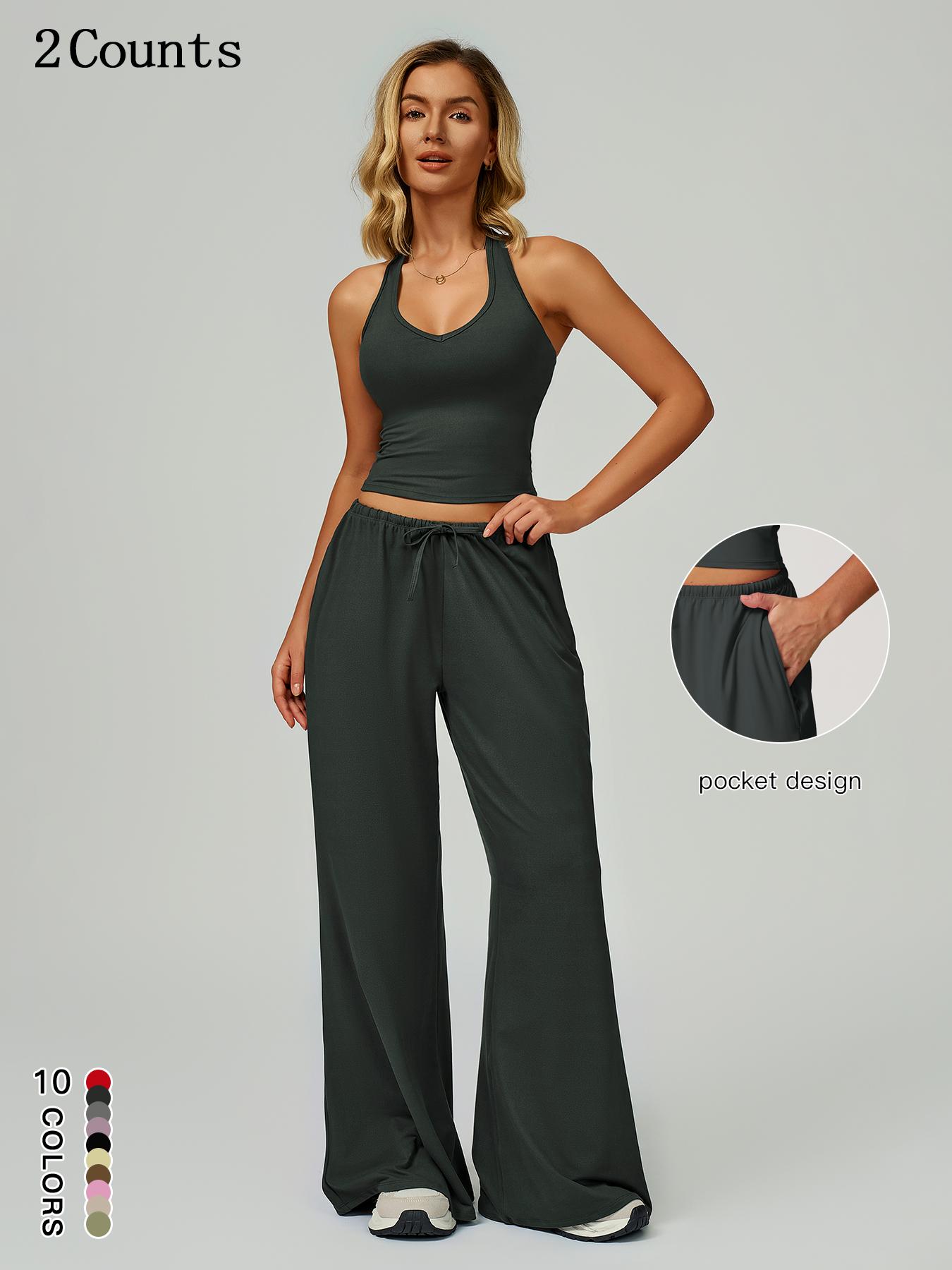 Women's Solid Crop Tank Top & Wide Leg Pants Set, Casual V Neck Sleeveless Top & Trousers for Daily Outdoor Wear, Ladies Sportswear for Summer Sports, Yoga and Airport Outfits, Gym Outfit Women's Solid Crop Tank Top & Wide Leg Pants Set, Casual V Neck Sleeveless Top & Trousers for Daily Outdoor Wear, Ladies Sportswear for Summer Sports, Yoga and Airport Outfits, Gym Outfit