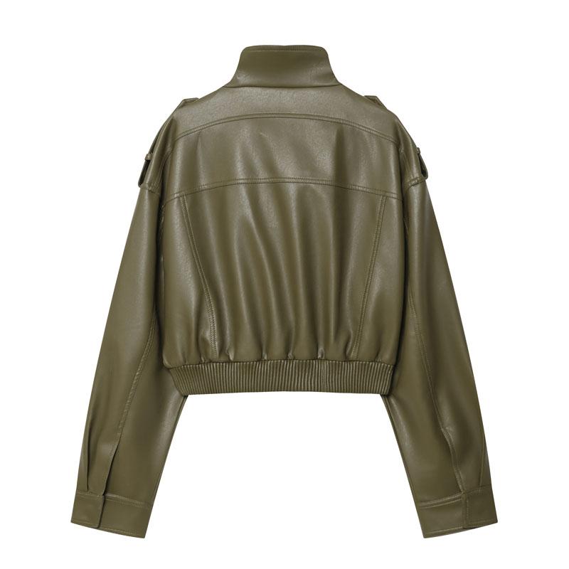 Women's Bomber Jacket Olive Green Faux Leather Jacket Stand Collar Moto Jacket Flap Pockets Streetwear Women's Layered Outerwear Short Jacket Woman Women's Bomber Jacket Olive Green Faux Leather Jacket Stand Collar Moto Jacket Flap Pockets Streetwear Women's Layered Outerwear Short Jacket Woman