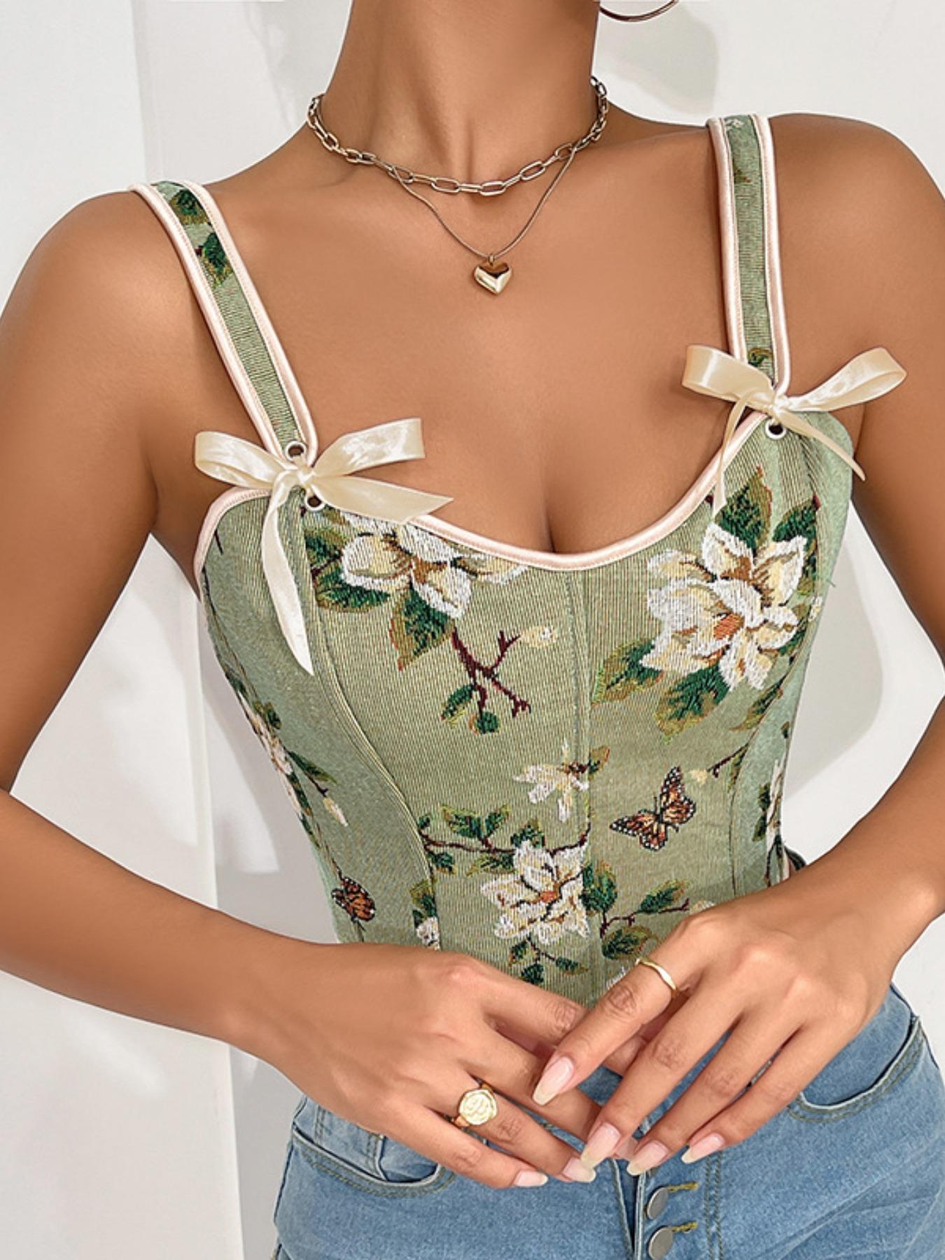 Women's Floral Print Adjustable Lace Up Corset Structure Shapewear Tank Top, Fashionable Bow Decor Shapewear Top for Daily Wear, Tummy Control Shaper for Women Women's Floral Print Adjustable Lace Up Corset Structure Shapewear Tank Top, Fashionable Bow Decor Shapewear Top for Daily Wear, Tummy Control Shaper for Women