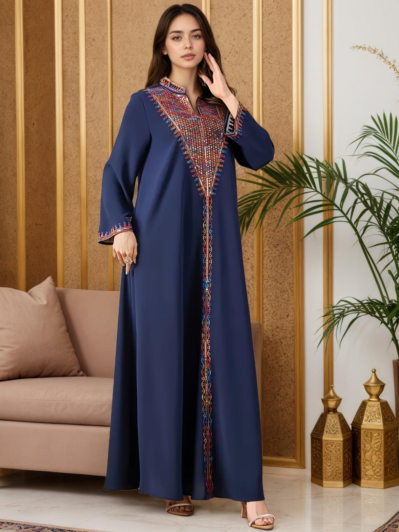 Elegant Muslim Women's Long Robe with Colorful Embroidery, Perfect for All Seasons, Stylish and Comfortable Clothing, Muslim Women Gowns Elegant Muslim Women's Long Robe with Colorful Embroidery, Perfect for All Seasons, Stylish and Comfortable Clothing, Muslim Women Gowns