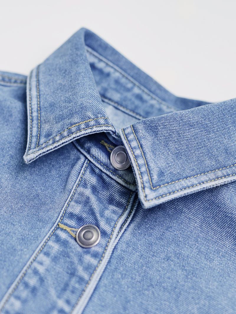 Women's Plain Button Front Drop Shoulder Curved Hem Denim Jacket, Casual Long Sleeve Pocket Design Collar Outerwear for Daily Wear, Ladies Clothes for All Seasons