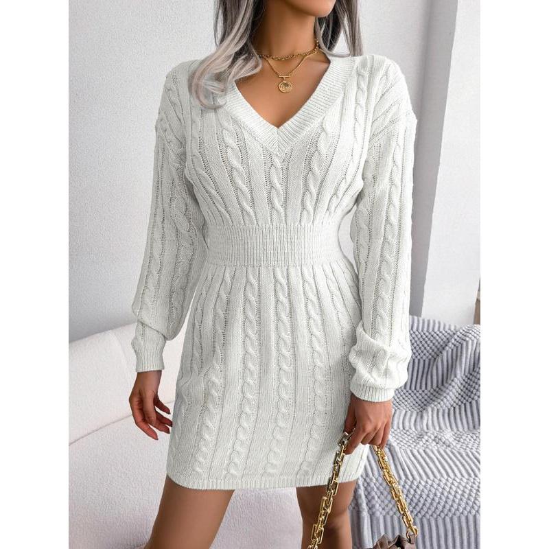 Women's Cozy V-Neck Cable Knit Sweater Dress – Soft Textured Drop Shoulder Long Sleeve Dress for Fall & Winter Women's Cozy V-Neck Cable Knit Sweater Dress – Soft Textured Drop Shoulder Long Sleeve Dress for Fall & Winter