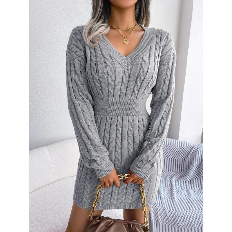 Women's Cozy V-Neck Cable Knit Sweater Dress – Soft Textured Drop Shoulder Long Sleeve Dress for Fall & Winter Women's Cozy V-Neck Cable Knit Sweater Dress – Soft Textured Drop Shoulder Long Sleeve Dress for Fall & Winter