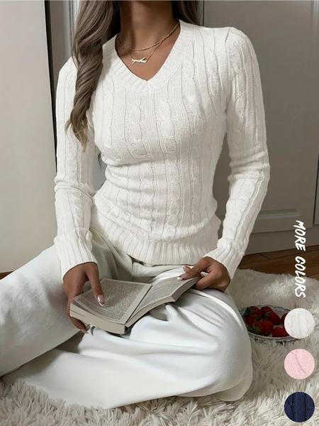 Women's V Neck Cable Knit Long Sleeve Pullover Sweater, Slim Fit Plain Color Knitwear for Fall & Winter, Classic Casual Daily Wear Back to School, Women Fall Outfit, Old Money Knit Top, Winter Sweater for Women Women's V Neck Cable Knit Long Sleeve Pullover Sweater, Slim Fit Plain Color Knitwear for Fall & Winter, Classic Casual Daily Wear Back to School, Women Fall Outfit, Old Money Knit Top, Winter Sweater for Women