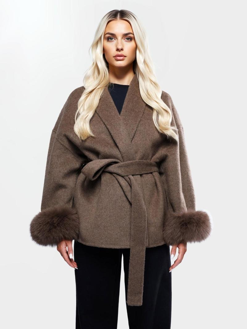 Women's Elegant Solid Color Waist Tie Plush Long Sleeve Thermal Wrap Coat