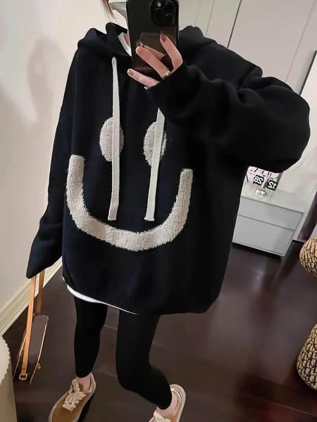 Women's Cartoon Face Print Drop Shoulder Hooded Sweater, Fashion Casual Long Sleeve Drawstring Hooded Sweater for Daily Holiday Outdoor Wear, Women Knitwear for Fall & Winter, Sweaters for Women Women's Cartoon Face Print Drop Shoulder Hooded Sweater, Fashion Casual Long Sleeve Drawstring Hooded Sweater for Daily Holiday Outdoor Wear, Women Knitwear for Fall & Winter, Sweaters for Women