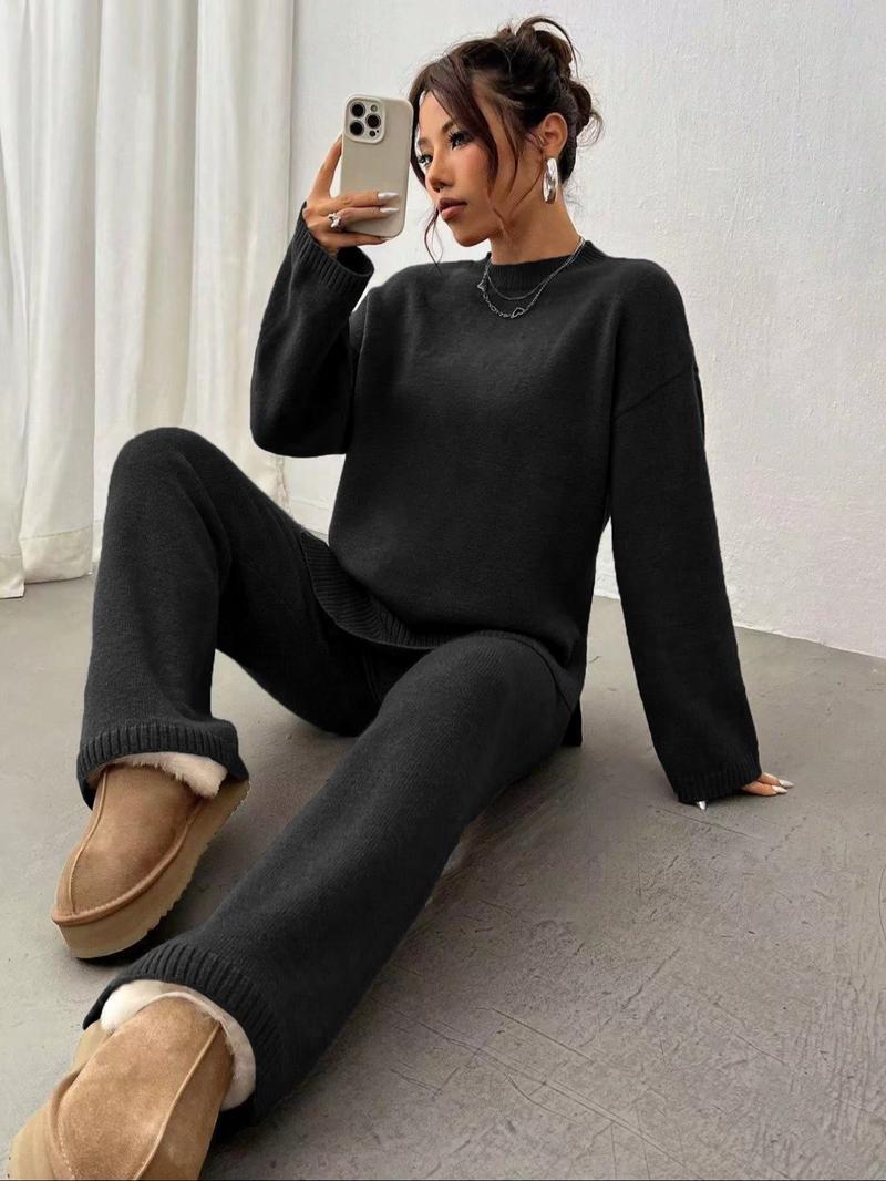 Women's Solid Drop Shoulder Split Hem Sweater & Elastic Waist Straight Leg Pants Two-piece Set, Casual Fashion Cozy Knitwear Set for Daily Outdoor Wear, Women Knitwear for Fall & Winter, Womenswear Women's Solid Drop Shoulder Split Hem Sweater & Elastic Waist Straight Leg Pants Two-piece Set, Casual Fashion Cozy Knitwear Set for Daily Outdoor Wear, Women Knitwear for Fall & Winter, Womenswear