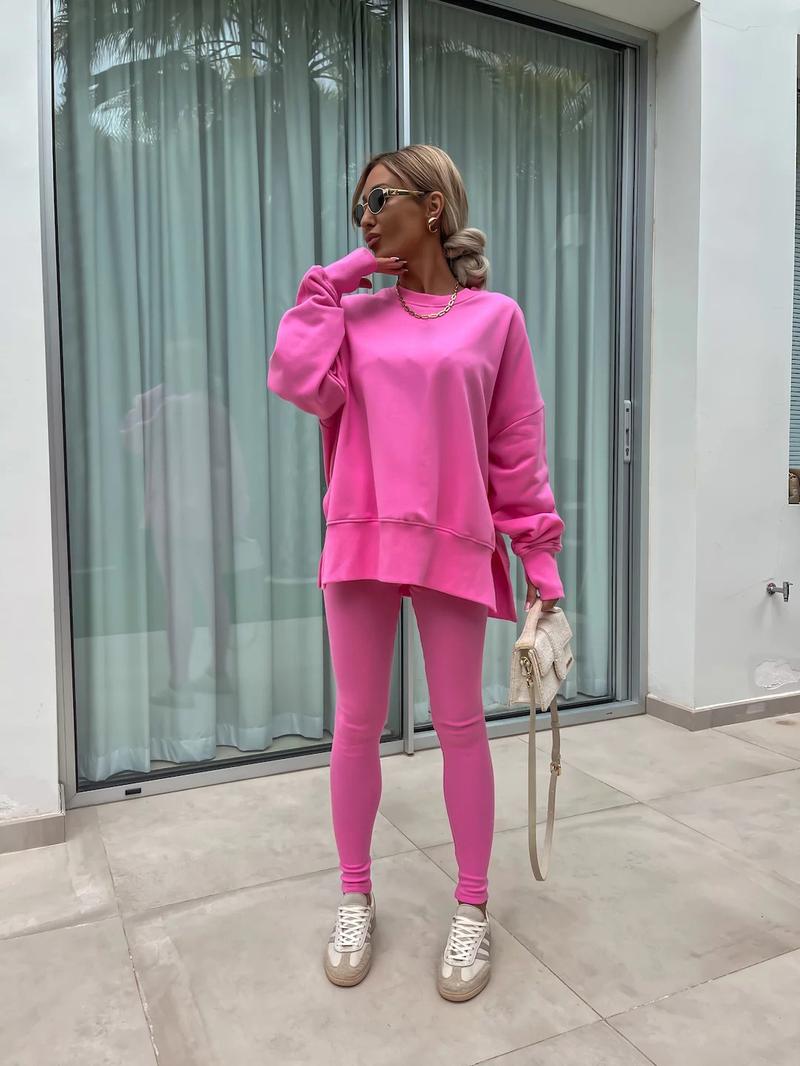 Oversize Two-Piece Set Women's  Split Hem Sweatshirt & Skinny Pants, Casual Fashion Cozy Round Neck Long Sleeve Pullover Women's Clothing for Fall & Basic Winter  Suits Womenswear Gamis