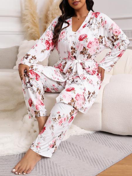 【Plus Size】 Three-Piece Set Floral Print Belted Lounge Robe & Cami Top & Elastic Waist Pants Pyjama Set, Elegant Comfy Drop Shoulder Long Sleeve Robe & Sleeveless Top & Bow Decor Trousers PJ Set, Women's Sleepwear for Spring & Fall, Pajamas 【Plus Size】 Three-Piece Set Floral Print Belted Lounge Robe & Cami Top & Elastic Waist Pants Pyjama Set, Elegant Comfy Drop Shoulder Long Sleeve Robe & Sleeveless Top & Bow Decor Trousers PJ Set, Women's Sleepwear for Spring & Fall, Pajamas