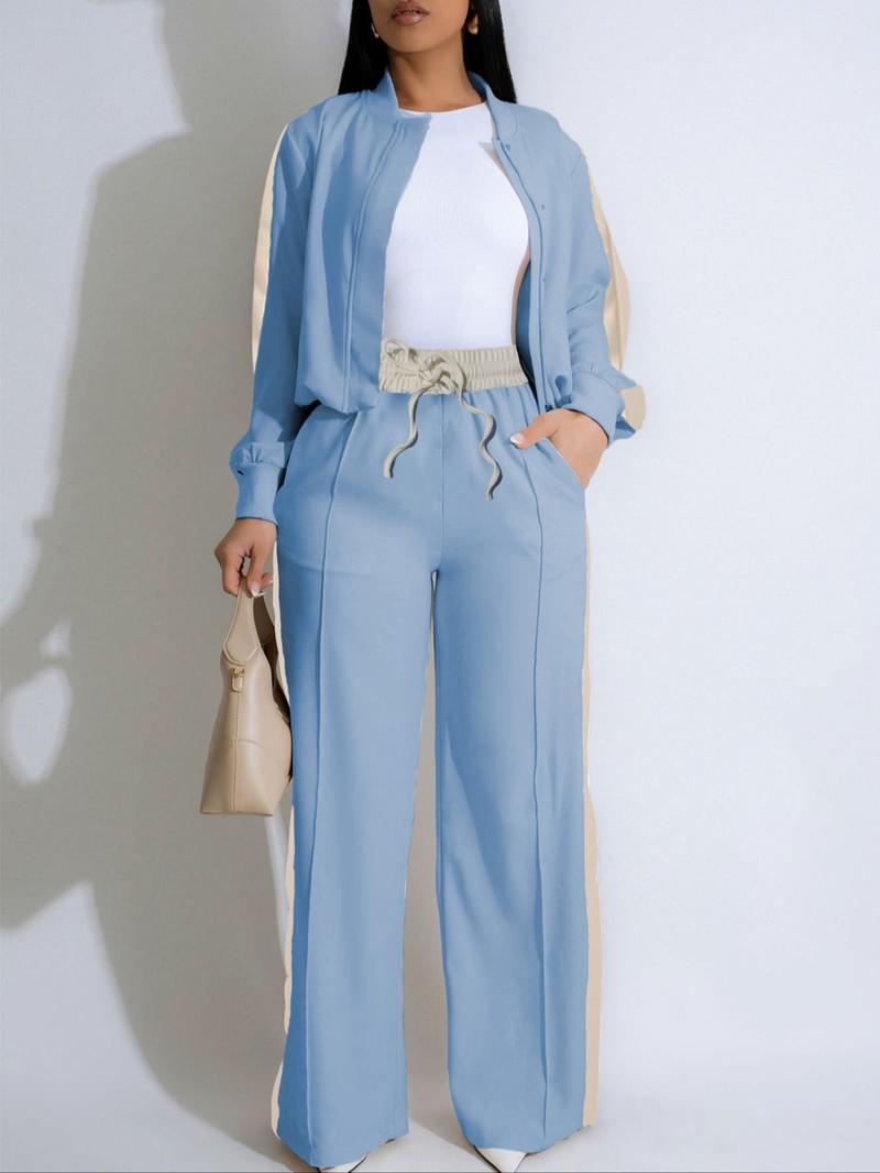 Two-piece Set Women's Patchwork Top & Wide Leg Pants Set, Casual Long Sleeve Outerwear & Pants for Daily Wear, Ladies Summer Clothes Two-piece Set Women's Patchwork Top & Wide Leg Pants Set, Casual Long Sleeve Outerwear & Pants for Daily Wear, Ladies Summer Clothes