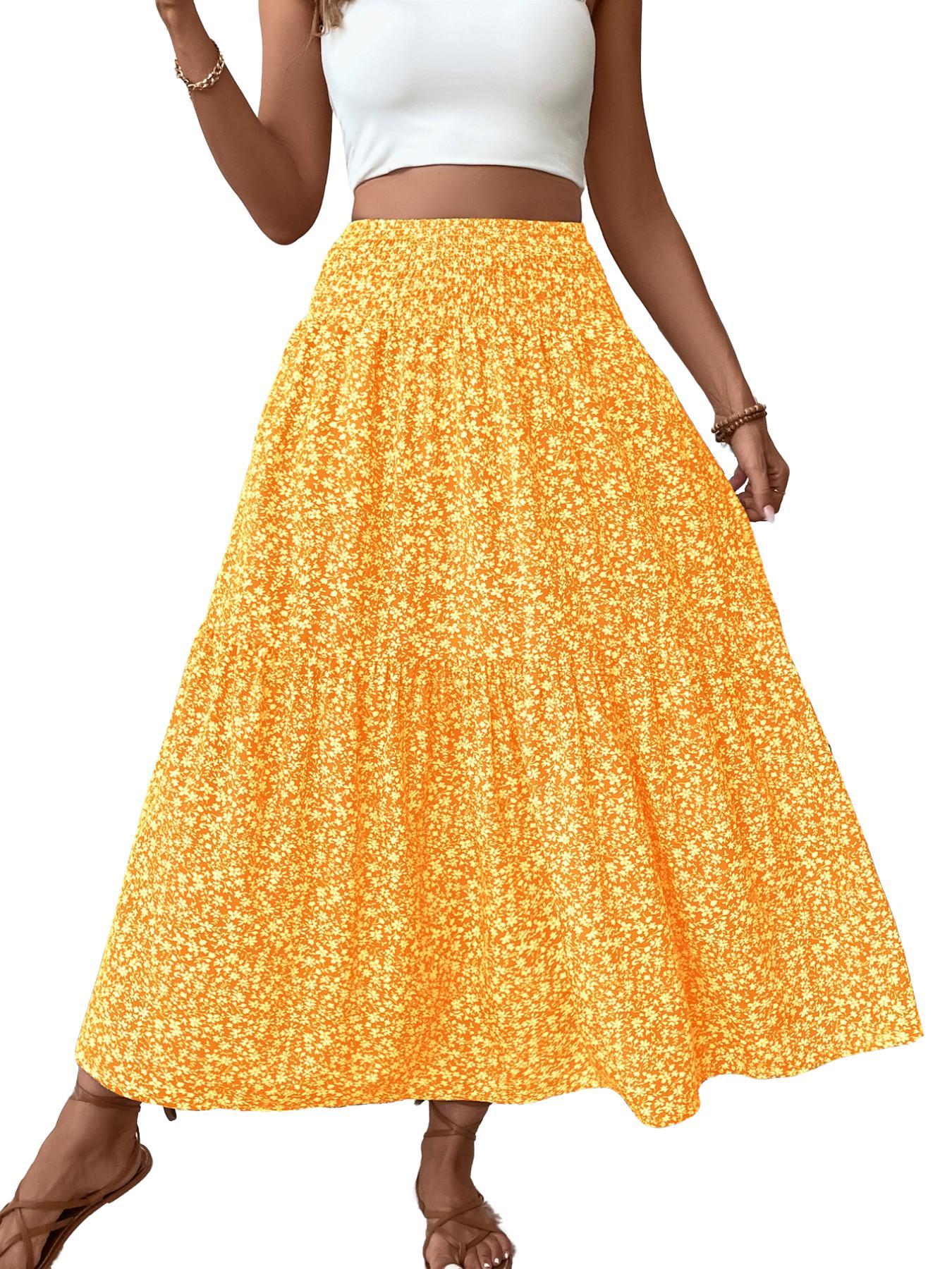Women's Ditsy Floral Vintage Casual Vacation Layered A-Line Skirt, Elegant Long Skirt for Spring & Fall, All over Print Fitted Style Women's Ditsy Floral Vintage Casual Vacation Layered A-Line Skirt, Elegant Long Skirt for Spring & Fall, All over Print Fitted Style