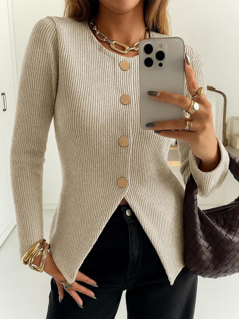 Women's Casual Elegant Ribbed Knit Button Long Sleeve Top, Fitted Plain Design, All Season Wear, Moderate Fabric Thickness Women's Casual Elegant Ribbed Knit Button Long Sleeve Top, Fitted Plain Design, All Season Wear, Moderate Fabric Thickness