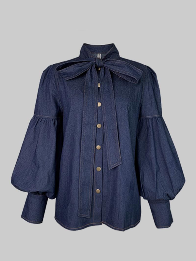 Women's Denim-effect Print Tie Neck Shirt, Chic Casual Long Sleeve Top for Daily Wear, Ladies Clothes for All Seasons Women's Denim-effect Print Tie Neck Shirt, Chic Casual Long Sleeve Top for Daily Wear, Ladies Clothes for All Seasons
