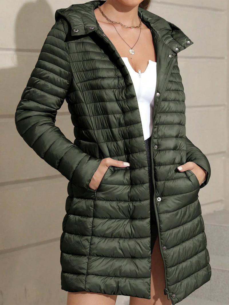 Women's Plus Size Puffer Jacket, Elegant Hooded Coat with Pocket, Warm Mid-Length Outerwear for Fall & Winter, Casual Fitted Style
