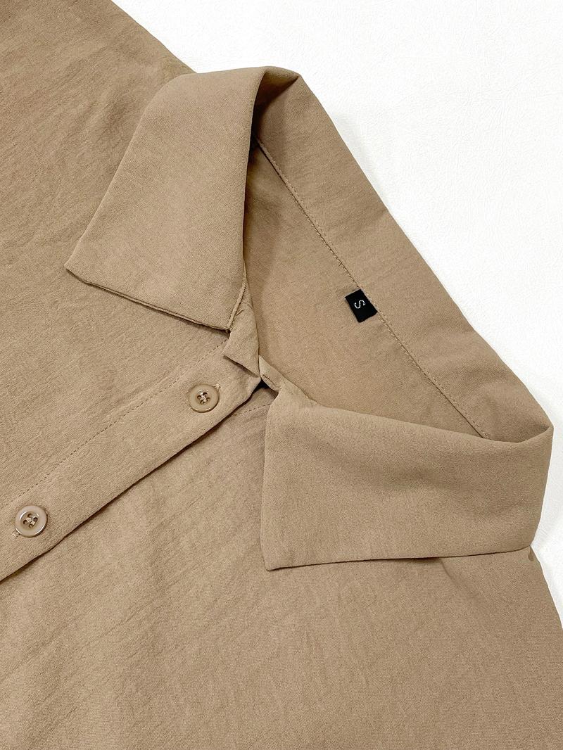 Women's Solid Button Front Shirt & Wide Leg Pants Two-piece Set, Casual Drop Shoulder Long Sleeve Top & Trousers Set, Women's Clothes for Daily Wear