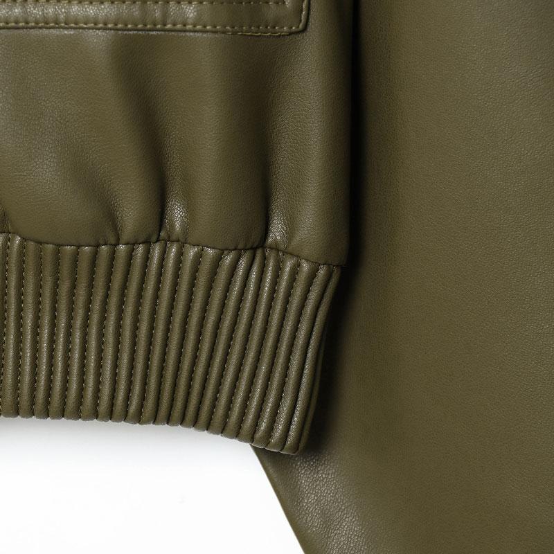 Women's Olive Green Faux Leather Bomber Moto Jacket with Stand Collar and Flap Pockets, Casual Short Layered Streetwear Outerwear Women's Olive Green Faux Leather Bomber Moto Jacket with Stand Collar and Flap Pockets, Casual Short Layered Streetwear Outerwear