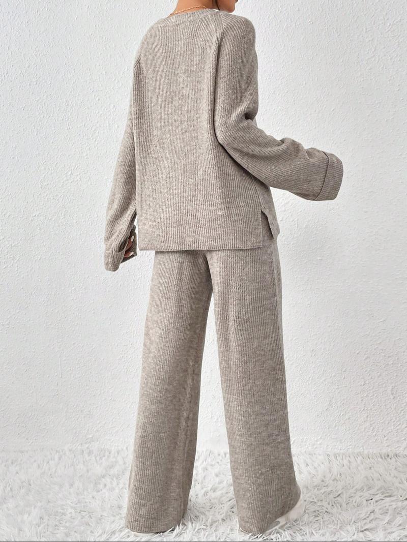 Women's Raglan Sleeve Split Sweater & Elastic Waist Pants Set, Basic Round Neck Top & Pants Sweater Set, Women's Autumn & Winter Clothing for Daily Wear.