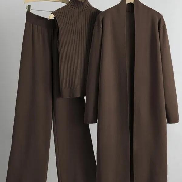 Trendy Knit Turtle Neck Tank & Wide Leg Trousers with Open-front Long Cardigan Three-piece Clothes Sets, Casual Womenswear Trendy Knit Turtle Neck Tank & Wide Leg Trousers with Open-front Long Cardigan Three-piece Clothes Sets, Casual Womenswear