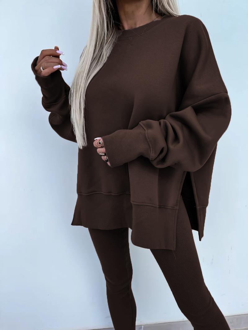 Oversize Two-Piece Set Women's  Split Hem Sweatshirt & Skinny Pants, Casual Fashion Cozy Round Neck Long Sleeve Pullover Women's Clothing for Fall & Basic Winter  Suits Womenswear Gamis