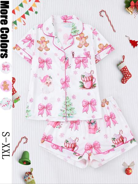 【christmas】Women's Christmas Pajama Set, Santa Cookie Print, Short Sleeve Button-up Top & Elastic Shorts, Casual All-season Sleepwear, Christmas Pyjamas, Loungewear 【christmas】Women's Christmas Pajama Set, Santa Cookie Print, Short Sleeve Button-up Top & Elastic Shorts, Casual All-season Sleepwear, Christmas Pyjamas, Loungewear