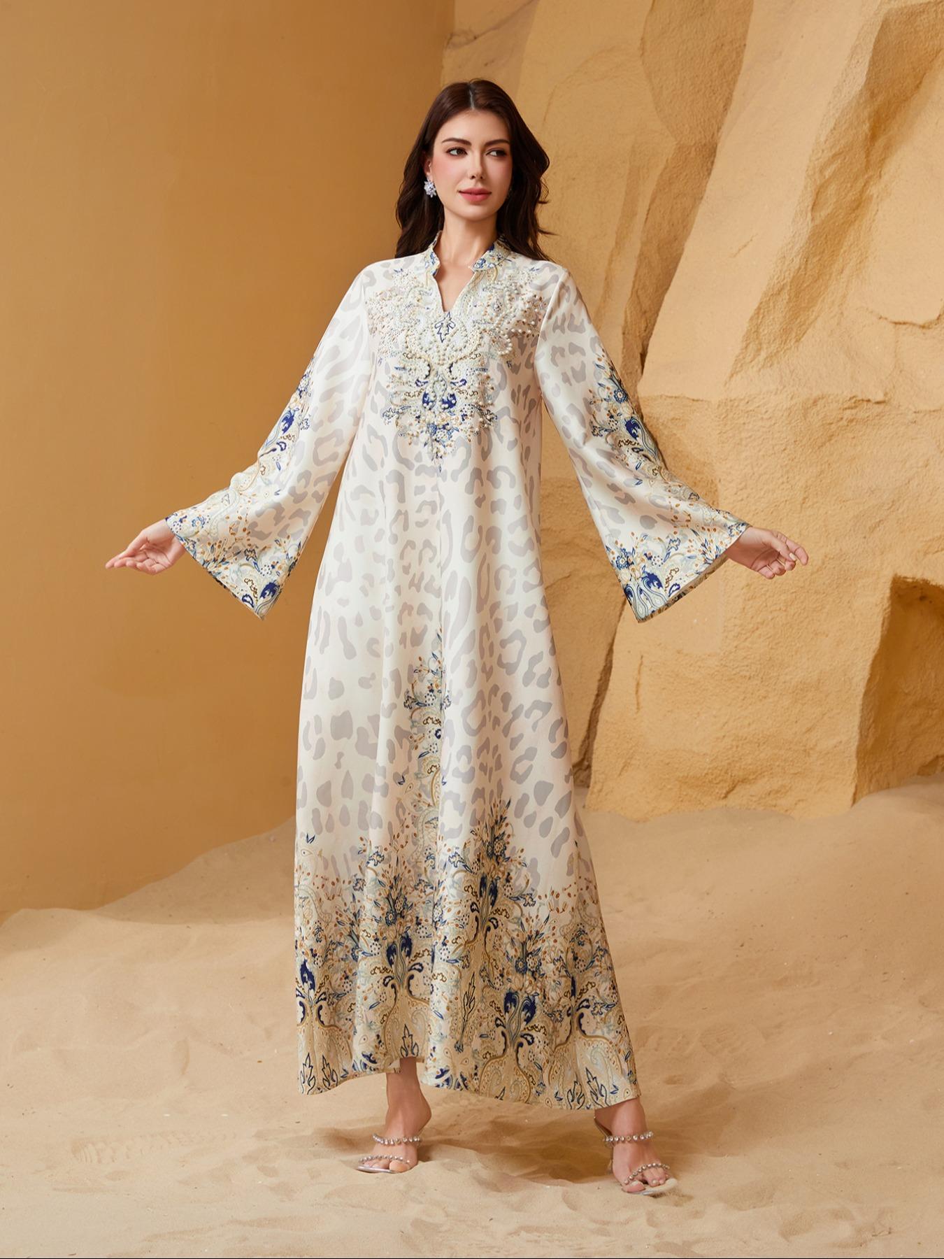 Women's Traditional Ethnic Pattern Faux Pearl Decor Long Dress, Boho Long Sleeve Round Neck Dress for Vacation Holiday Wedding Guest, Ladies Muslim Clothing for All Seasons Women's Traditional Ethnic Pattern Faux Pearl Decor Long Dress, Boho Long Sleeve Round Neck Dress for Vacation Holiday Wedding Guest, Ladies Muslim Clothing for All Seasons