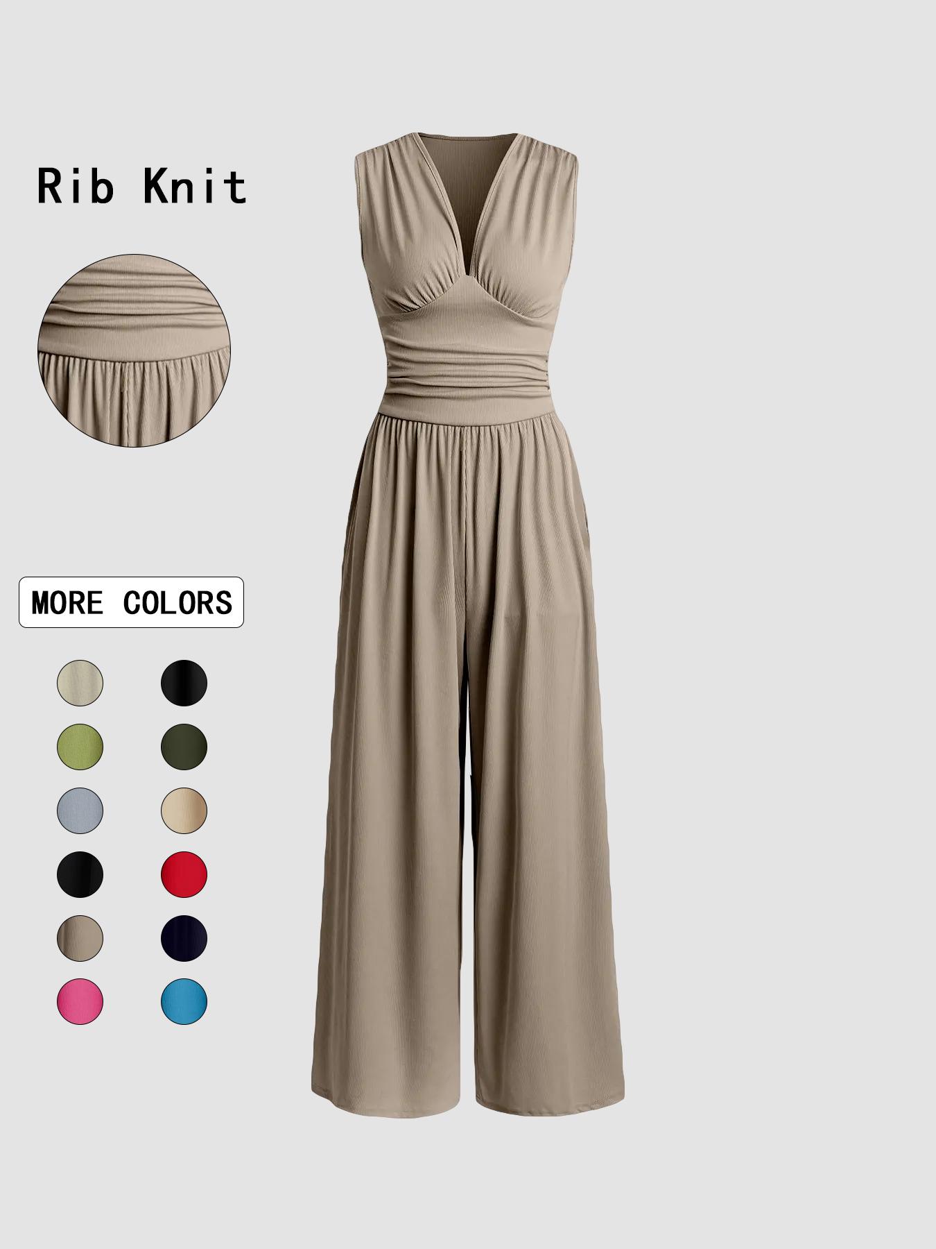 Women's Plain Ruched Deep V Neck Wide Leg Jumpsuit, Sleeveless Ribbed Jumpsuit for Daily Wear, Ladies Clothes for All Seasons, Casual Basic Jumpsuit, Casual Jumpsuits Women's Plain Ruched Deep V Neck Wide Leg Jumpsuit, Sleeveless Ribbed Jumpsuit for Daily Wear, Ladies Clothes for All Seasons, Casual Basic Jumpsuit, Casual Jumpsuits