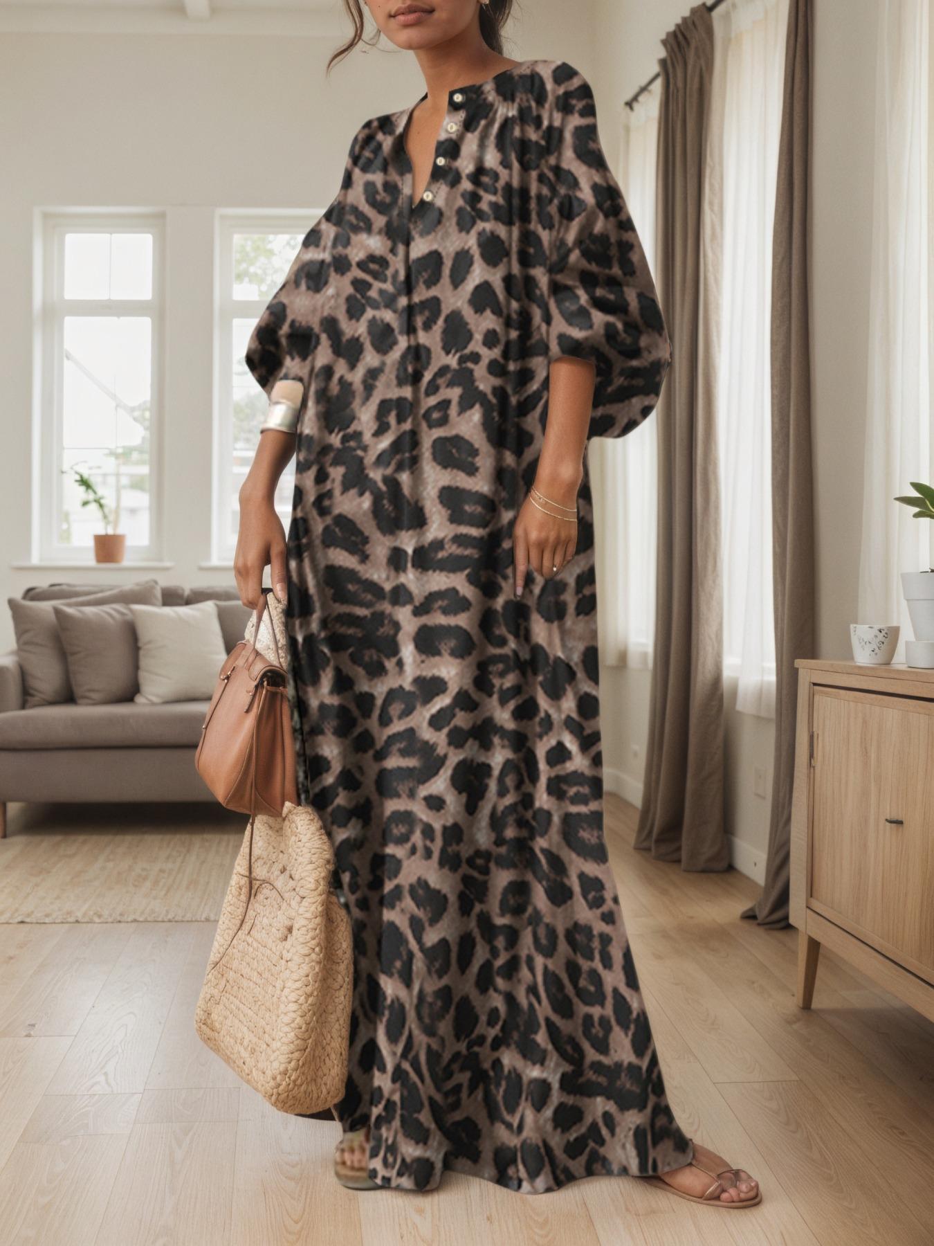 Women's Casual Boho All-Over Leopard Print Dress, Street Long Dress for Vacation Wear, Ladies Clothes for Daily Wear Women's Casual Boho All-Over Leopard Print Dress, Street Long Dress for Vacation Wear, Ladies Clothes for Daily Wear