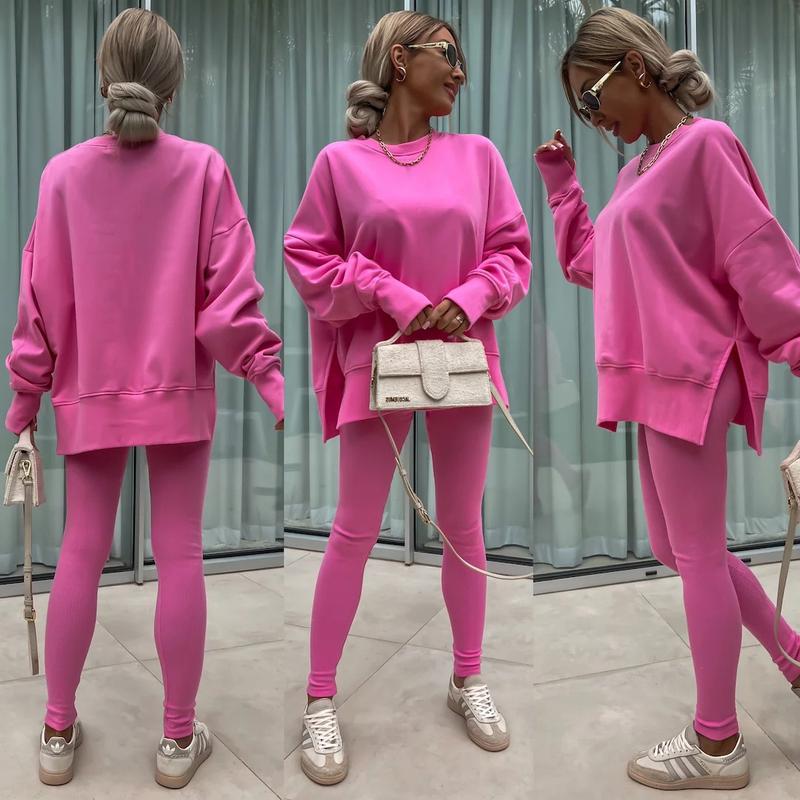 Oversize Two-Piece Set Women's  Split Hem Sweatshirt & Skinny Pants, Casual Fashion Cozy Round Neck Long Sleeve Pullover Women's Clothing for Fall & Basic Winter  Suits Womenswear Gamis