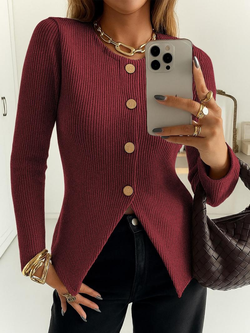 Women's Casual Elegant Ribbed Knit Button Long Sleeve Top, Fitted Plain Design, All Season Wear, Moderate Fabric Thickness Women's Casual Elegant Ribbed Knit Button Long Sleeve Top, Fitted Plain Design, All Season Wear, Moderate Fabric Thickness