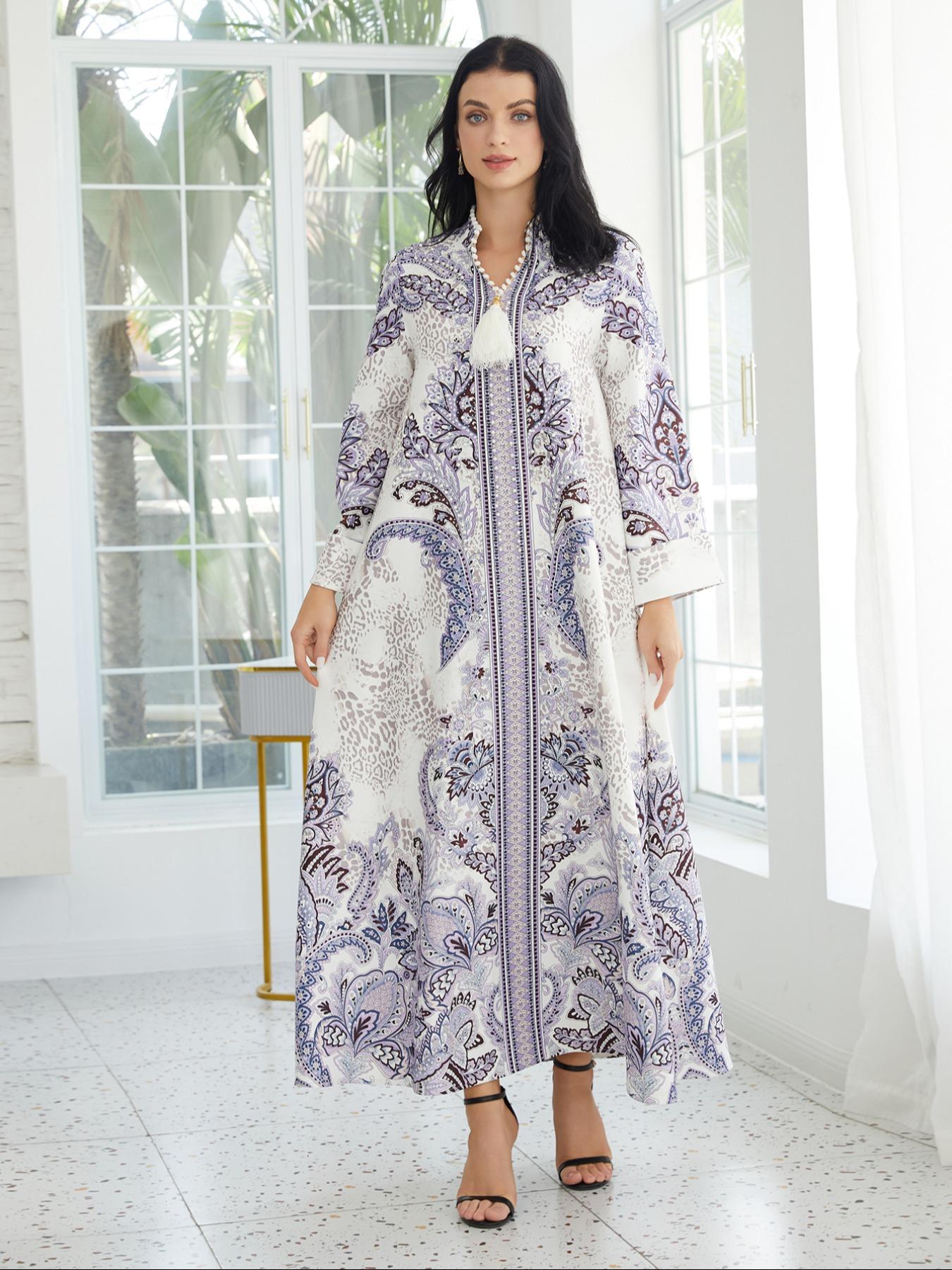 Women's V Neck Long Dress, All-Season Loose Fit A-Line Jalabiya, Soft 75D Stretch Fabric, Elegant Arabic Clothing Women's V Neck Long Dress, All-Season Loose Fit A-Line Jalabiya, Soft 75D Stretch Fabric, Elegant Arabic Clothing