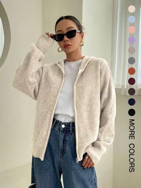Women's Solid Color Zip Up Hooded Sweater Cardigan, Casual Long Sleeve Knitwear for Fall & Winter, Fashion Ladies' Knit Clothing for Daily Wear