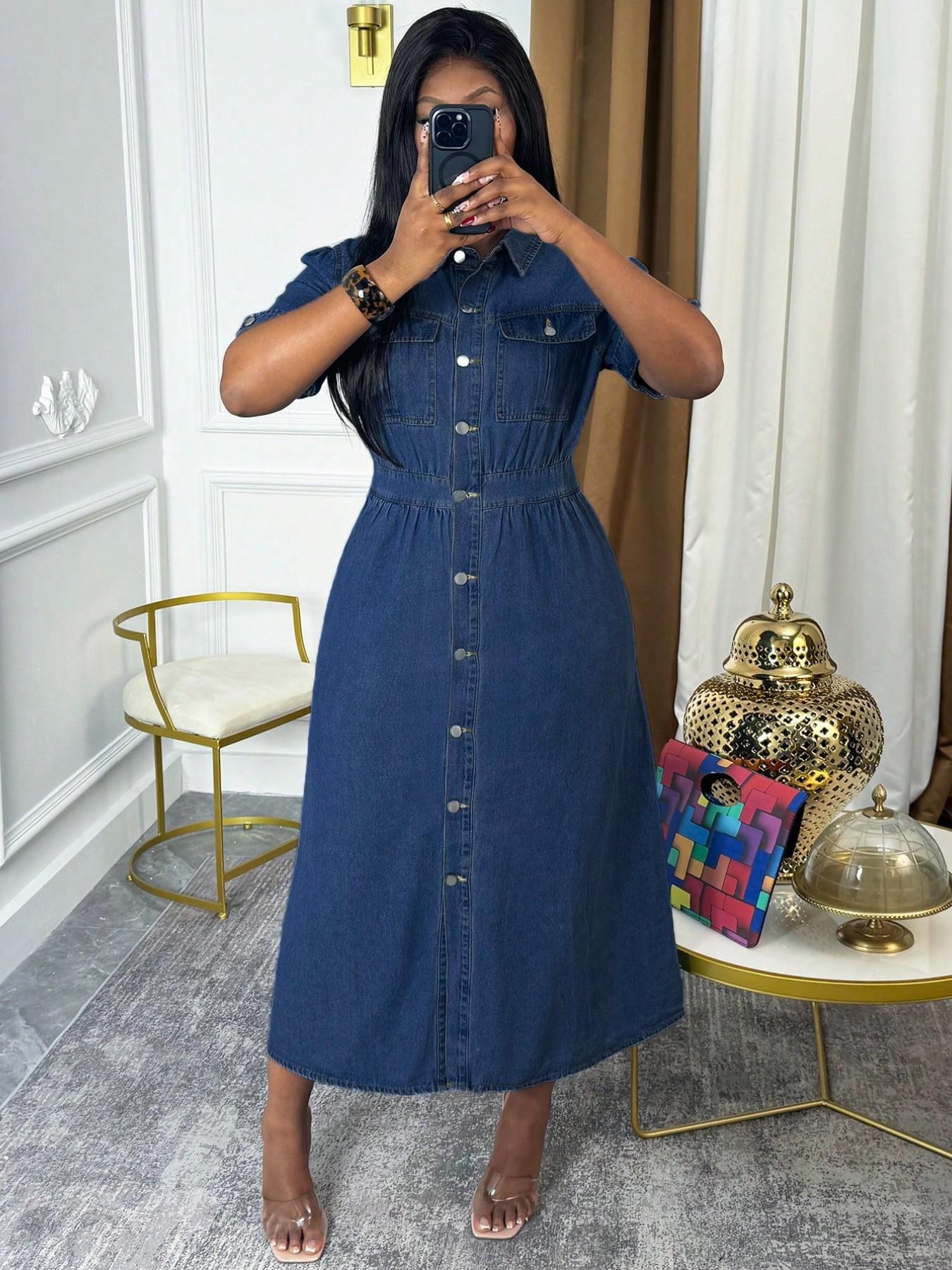 Chic Denim Shirt Dress, Button-Down Midi Dress with Chest Pockets and Cuffed Sleeves, Effortless Casual Jean Dress