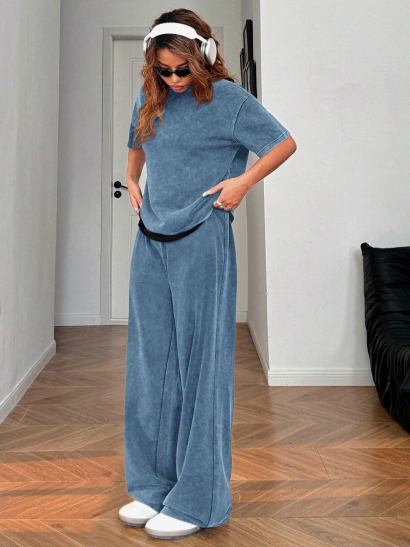 Women's Casual Loose Fit Acid Washed Cotton Short Sleeve T-Shirt and Long Pants Two-Piece Set, All Seasons, Plain Style Women's Casual Loose Fit Acid Washed Cotton Short Sleeve T-Shirt and Long Pants Two-Piece Set, All Seasons, Plain Style