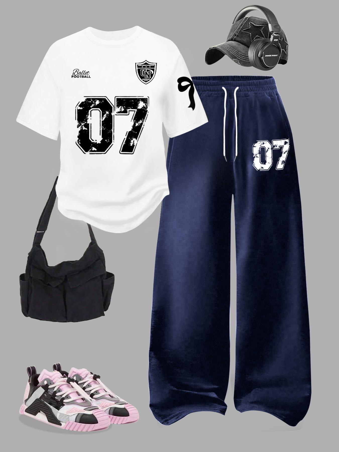 Women's Two-Piece Set, Digital Pattern Round Neck Short Sleeve Top & Loose Casual Pants, Summer Fashion for Vacation Travel, Outfit