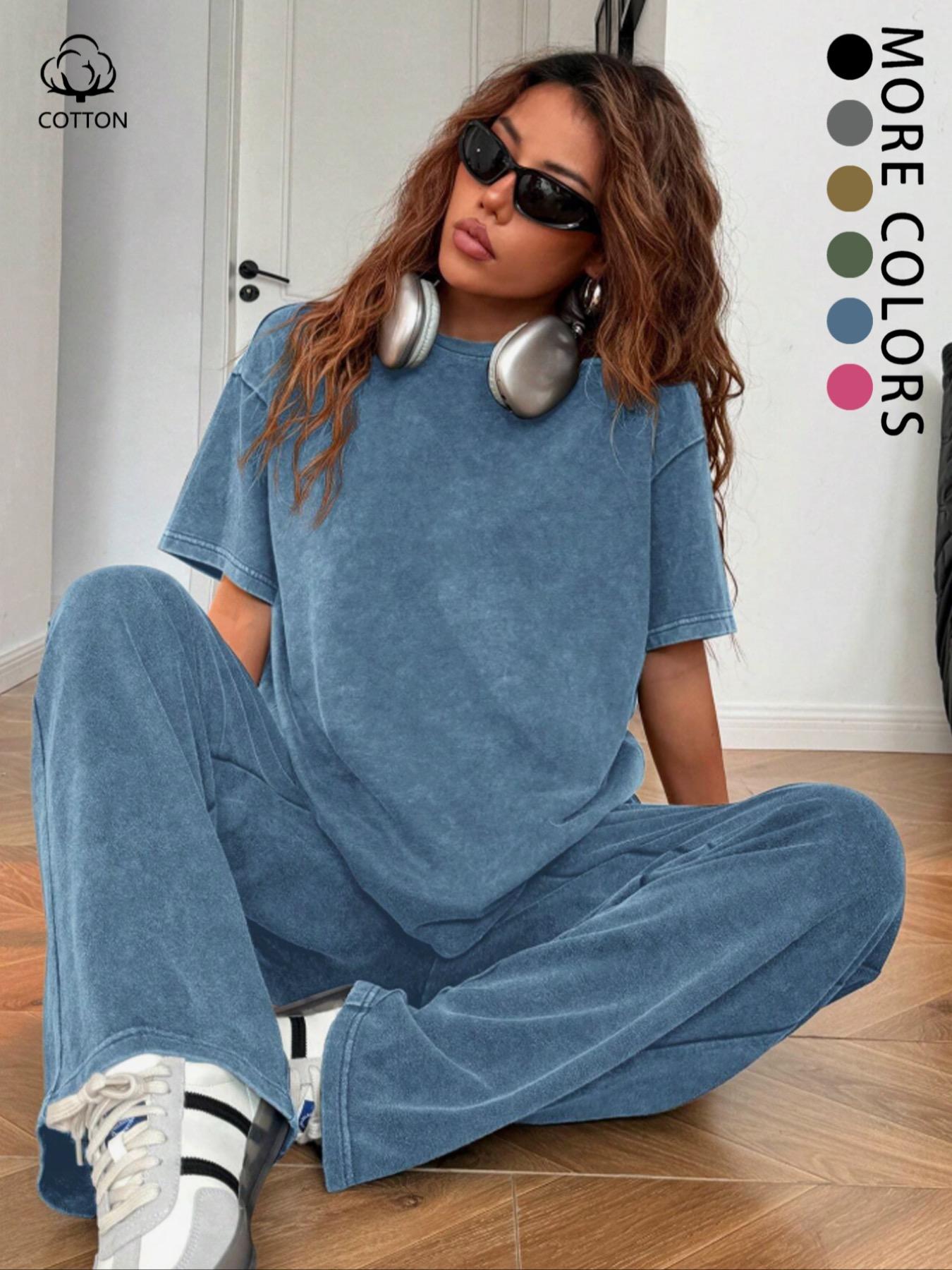 Women's Casual Loose Fit Acid Washed Cotton Short Sleeve T-Shirt and Long Pants Two-Piece Set, All Seasons, Plain Style Women's Casual Loose Fit Acid Washed Cotton Short Sleeve T-Shirt and Long Pants Two-Piece Set, All Seasons, Plain Style